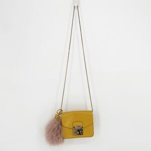 Furla Metropolis Small Crossbody Bag Chain Strap Leather Yellow with Fur Keyring